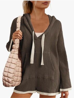 Amazon Dark Brown Waffle Knit V-Neck Hoodie Romper with Cream Accents